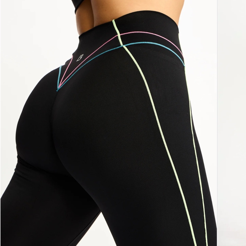 BuffBunny Black High-Waist Leggings with Neon Pink, Blue & Lime Piping